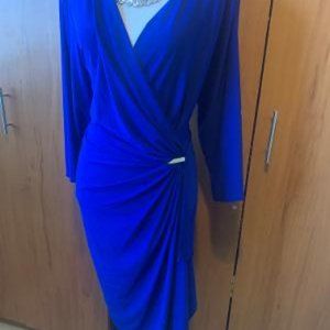 Soho Apparel  Women's Blue Polyester Long Sleeve V-Neck Knee Length Dress